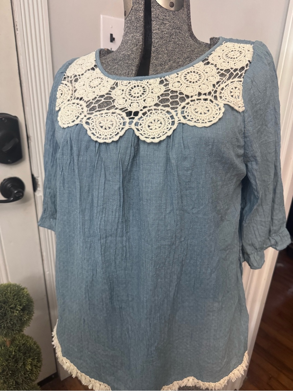 Women’s Blue Crochet Yoke Peasant Top with Fringe by Hayden Medium NWT
